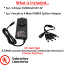 12V DC 3 Amper (3000 mA) UL Certified Power Adapter with 1 to 4 Splitter CCTV UPC: 721577530638