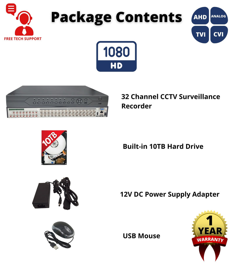 32 Channel 10TB H.265 HD 4in1 AHD TVI CVI Analog Security Surveillance DVR with 10TB Hard Drive Installed Easy Remote Access