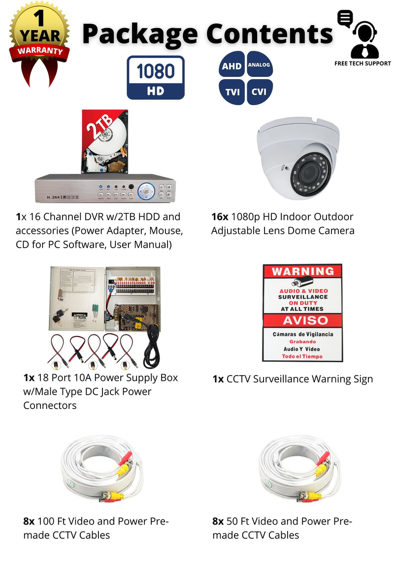 16 Channel HD DVR w/ 16 pcs 4in1 AHD TVI CVI ANALOG 1080P Manual Zoom Lens Dome CCTV Security Camera System w/ 2TB Hard Drive