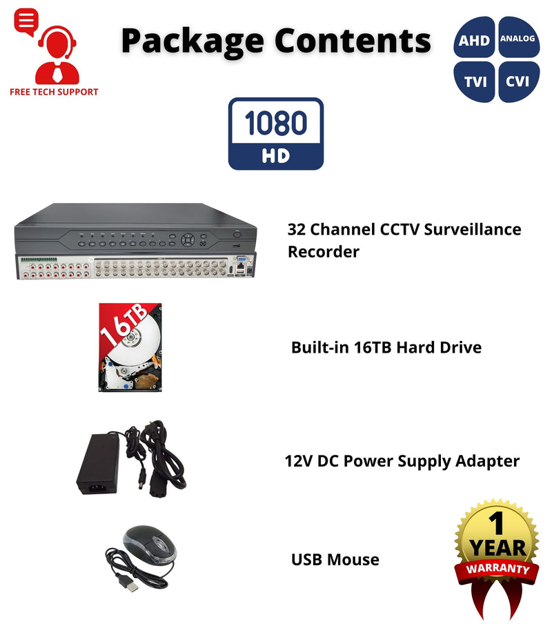 32 Channel 16TB H.265 HD 4in1 AHD TVI CVI Analog Security Surveillance DVR with 16TB Hard Drive Installed Easy Remote Access