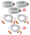 3pcs. each 25 Feet and 50 Feet Pre-made Video and Power White Cable for CCTV Surveillance Systems
