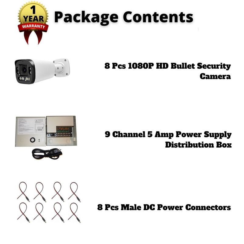 8 pcs. Evertech 1080P HD TVI AHD CVI Day Night Vision Indoor Outdoor CCTV Bullet Security Camera with 9 Channel Power Supply box