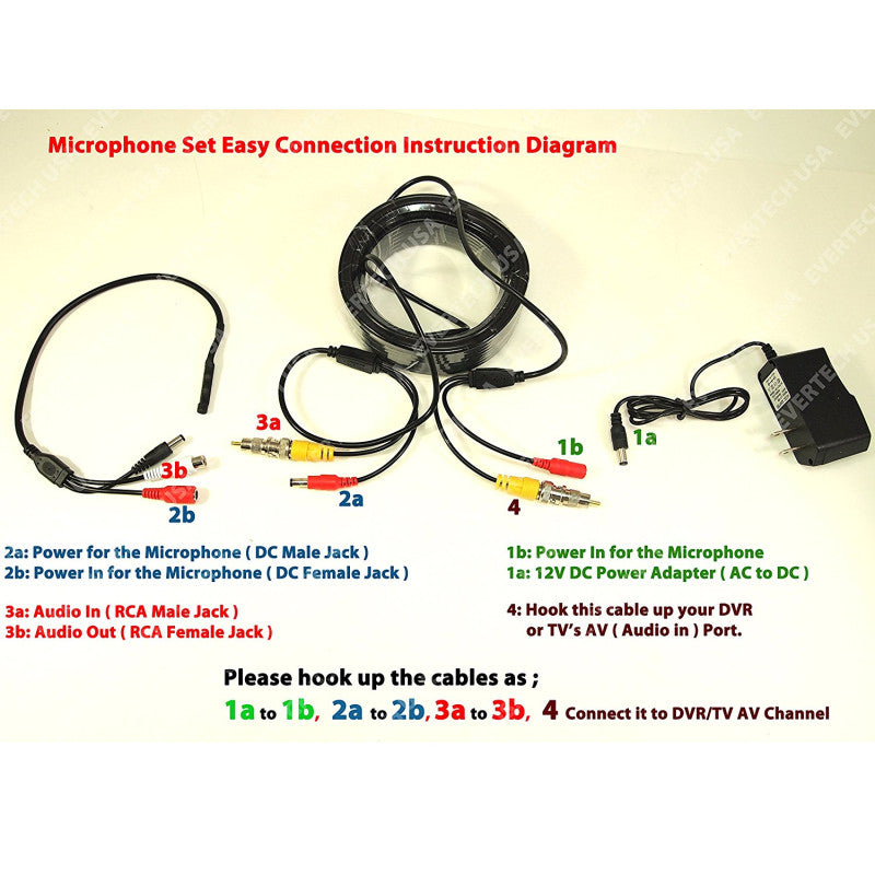 High Sensitive Preamp Surveillance Microphone Audio Pickup Device Kit with 50 Feet CCTV Cable and 12V DC Power Supply