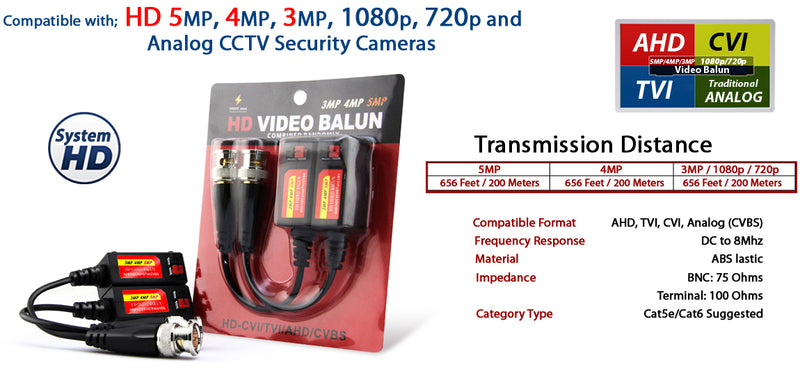 1 PAIR (2 Pcs) Port Passive transceiver CCTV Video Balun compact size CAT5/CAT6