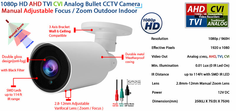 8 pcs. Evertech 1080P HD TVI AHD CVI Day Night Vision Indoor Outdoor CCTV Bullet Security Camera