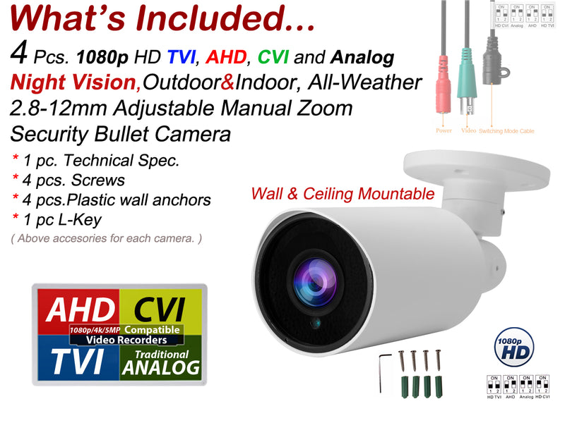 4 pcs. Evertech 1080P HD TVI AHD CVI Day Night Vision Indoor Outdoor CCTV Bullet Security Camera with 4 Channel Power Supply box