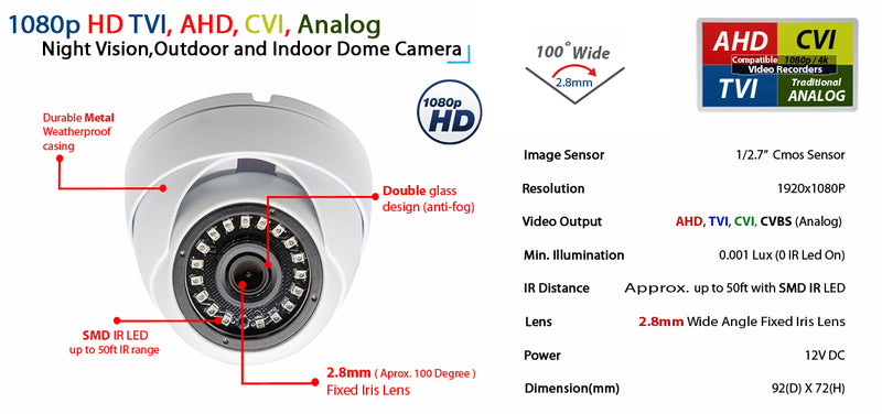 Full HD 1080p Indoor Outdoor Dome Security Camera 4-in1 HD-CVI/TVI/AHD/Analog Night Vision 2.8mm Lens White Metal Housing CCTV Camera
