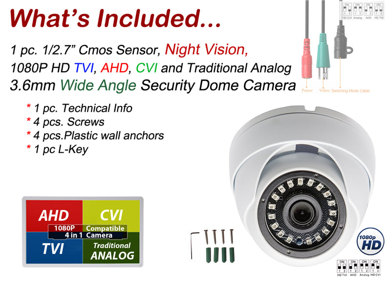 HD 1080p AHD TVI CVI Analog Outdoor Indoor Weatherproof Wide Angle 50ft Night Vision CCTV Security Surveillance Dome Camera