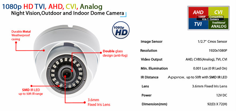HD 1080p AHD TVI CVI Analog Outdoor Indoor Weatherproof Wide Angle 50ft Night Vision CCTV Security Surveillance Dome Camera