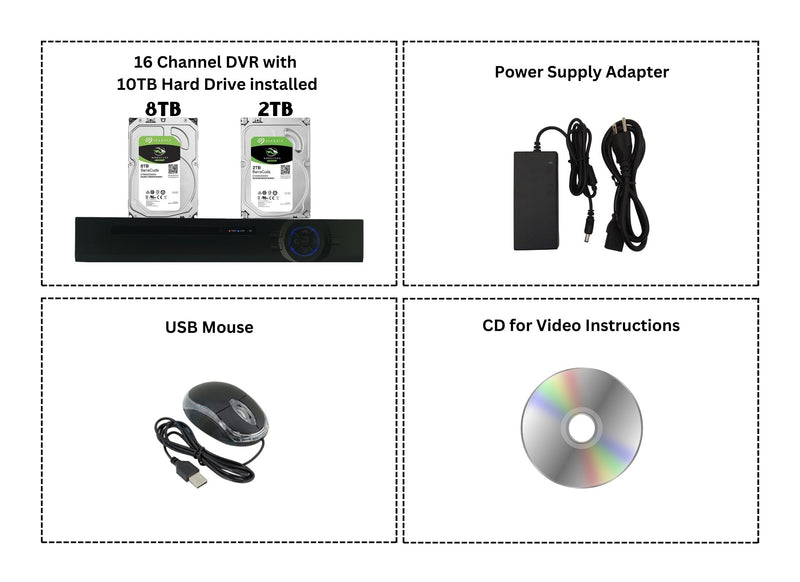 16 Channel 10TB Digital Video Recorder H.265 Hybrid 4in1 AHD TVI CVI Analog CCTV Security Camera DVR w/ 10TB Hard Drive Memory Installed and Pre-Configured