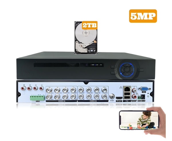 16 Channel 2TB H.265 2 Hard Drive Capacity 5MP Surveillance Video Recorder Compatible With AHD TVI CVI Analog Cameras