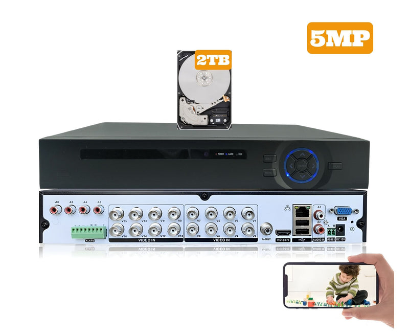16 Channel 2TB H.265 2 Hard Drive Capacity 5MP Surveillance Video Recorder Compatible With AHD TVI CVI Analog Cameras