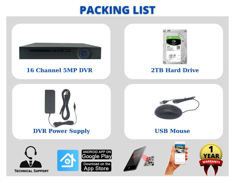 16 Channel 2TB H.265 2 Hard Drive Capacity 5MP Surveillance Video Recorder Compatible With AHD TVI CVI Analog Cameras