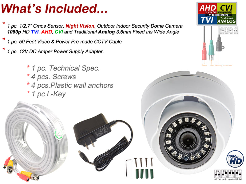 Evertech 1080p HD Dome Security Camera with CCTV Microphone 12V DC Adapter and 50ft Video Power and Audio Cable Set