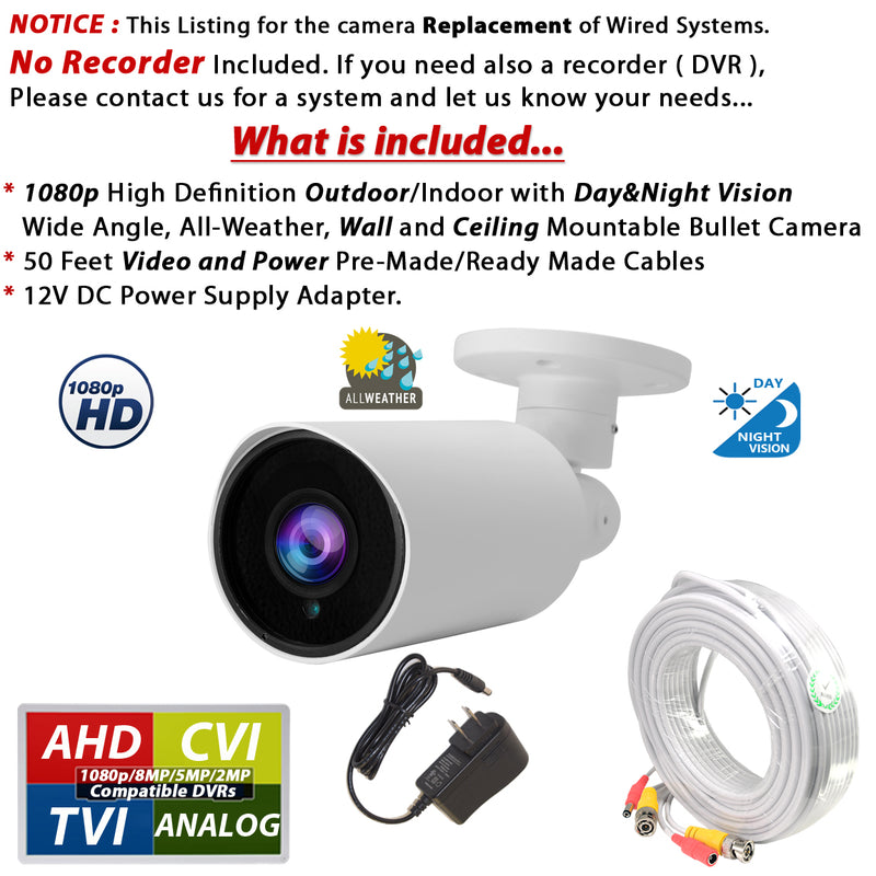 Evertech 1080p Bullet Security Camera Set with 50ft pre-Made Cable and 12V DC Power Supply Adapter