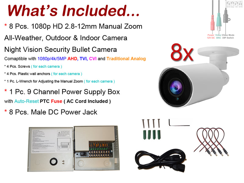 8 pcs. Evertech 1080P HD TVI AHD CVI Day Night Vision Indoor Outdoor CCTV Bullet Security Camera with 9 Channel Power Supply box