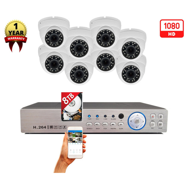 Evertech 8 Channel 8 Camera Surveillance System 1080p 5X Auto Focus Zoom Dome Camera 8TB Hard Drive Memory Storage
