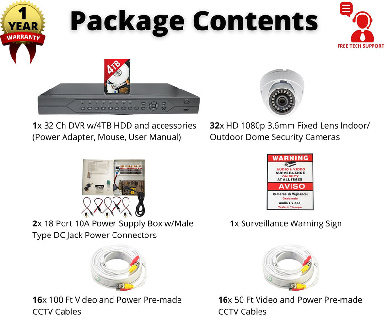 32 Channel Security Camera System 1080p HD Indoor Outdoor Metal Cameras 4TB HDD for Recording Playback Easy Remote Access
