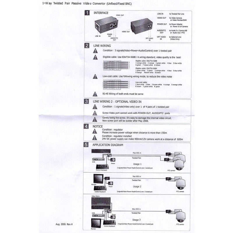 1 Pair of BNC to RJ45 Video Balun CCTV PTZ Camera with Power Connector 1-Way Twisted Pair Passive Video Converter (Unfixed/Fixed BNC)