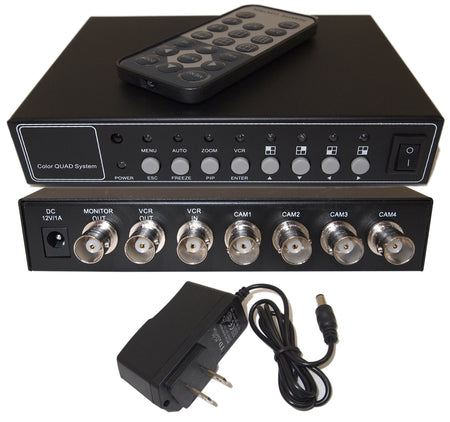 EV-CQ204 Office Home Analog Video Security Camera Cctv 4 Channel/Port (4 Camera) Color Quad Splitter Processor Real Time with Remote Control and 1 amp. adapter