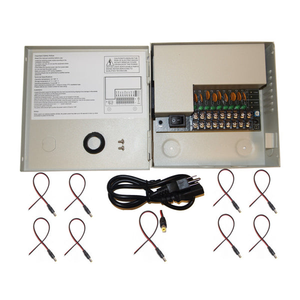 EV-PB09-05PSL 9 Channel 5 Amp Power Distribution Box with 9 DC Male Power Connectors Security Camera Power Supply