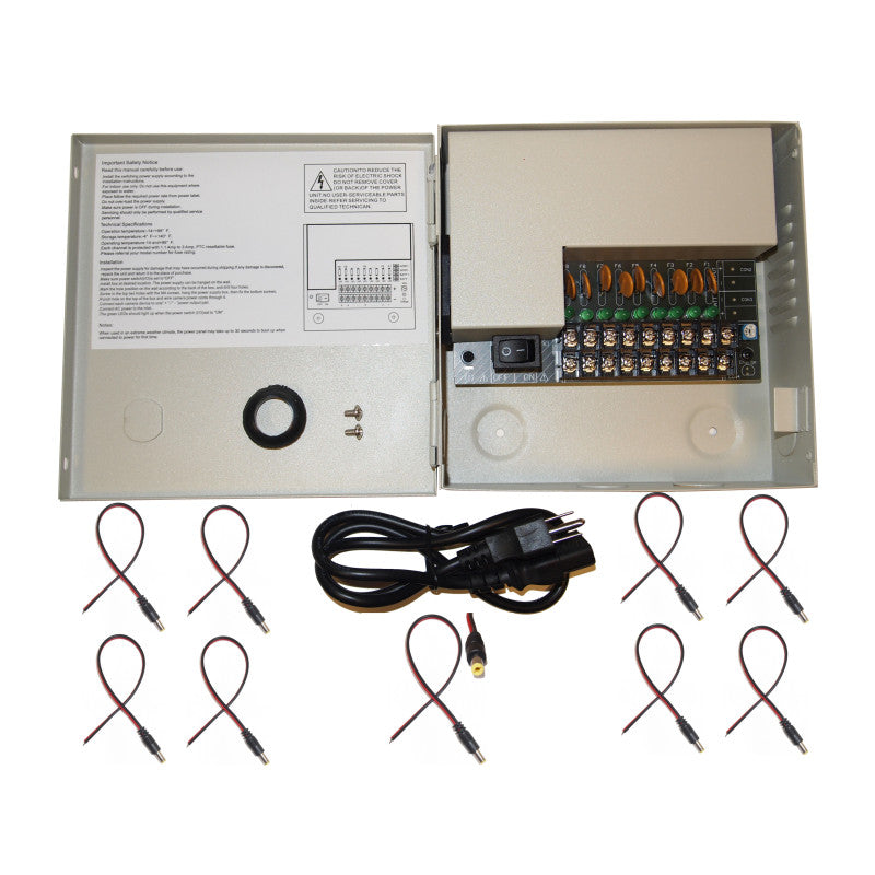 EV-PB09-05PSL 9 Channel 5 Amp Power Distribution Box with 9 DC Male Power Connectors Security Camera Power Supply
