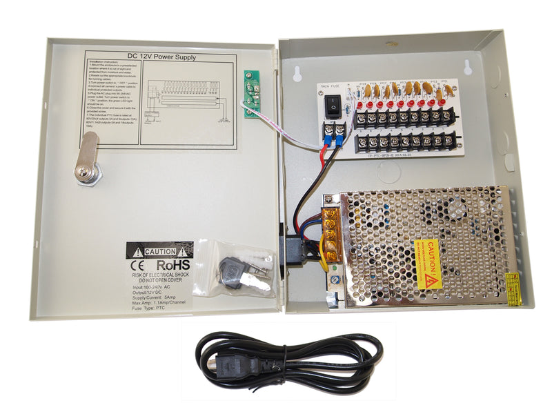 EV-PB09-05P 9 Channel 12V DC 5 Amp Power Supply Distribution Box for CCTV DVR Security Camera