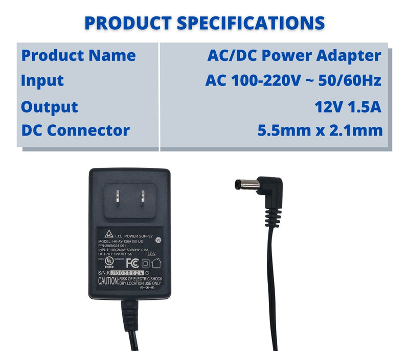 12V DC 1.5A Power Supply Adapter 1500mA Wall Charger for 12 Volt Electronics 2.1mm x 5.5mm Plug