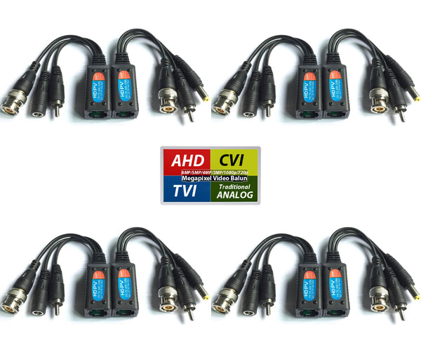 4 Pairs of 8 Megapixel UTP balun HD cat5 to BNC Video Baluns Transceiver Passive Video Power and Audio/Data Connector RJ45 Cat5 Cat6 Data Transmitter