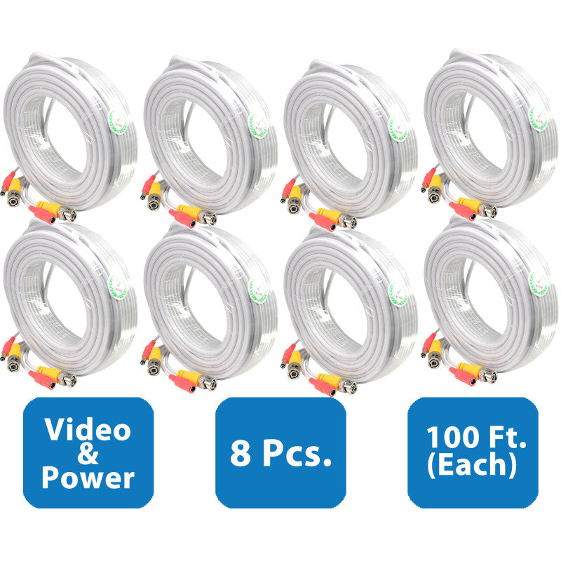 EV-C100VP-W : 8pcs. 100 Feet White Cable CCTV Security Camera Power Video Cabe Ready Made Cable Power + Video