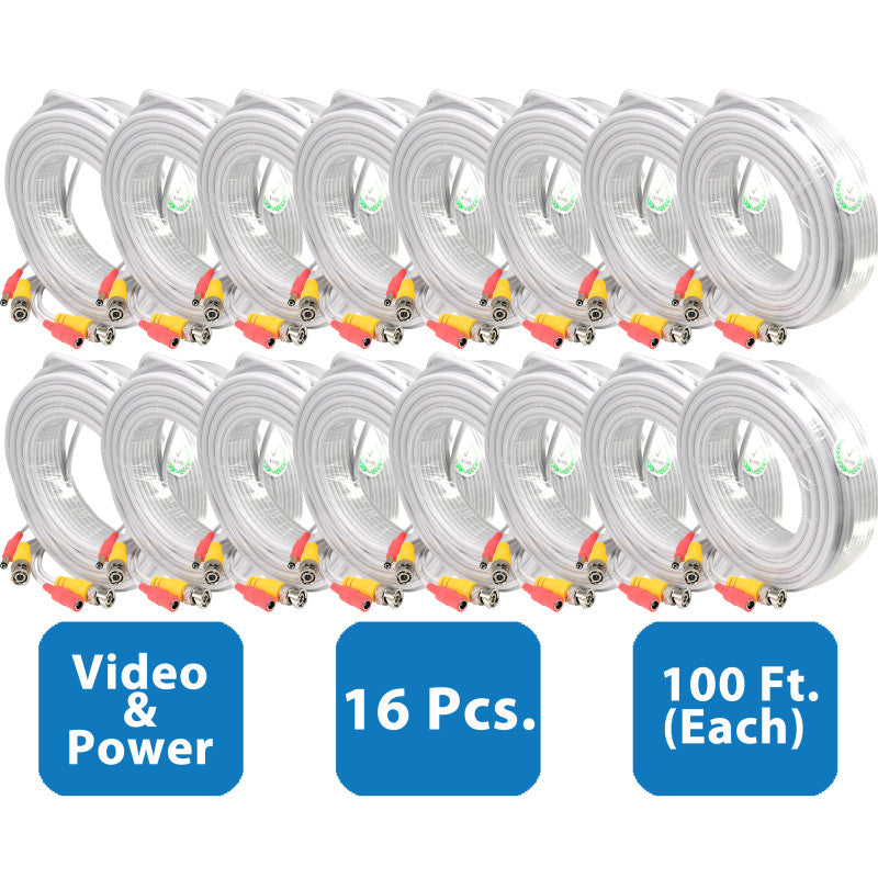 EV-C100VP-W : 16pcs. 100 Feet White Cable CCTV Security Camera Power Video Cabe Ready Made Cable Power + Video