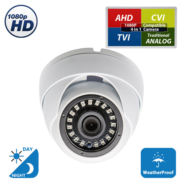 Full HD 1080p Indoor Outdoor Dome Security Camera 4-in1 HD-CVI/TVI/AHD/Analog Night Vision 2.8mm Lens White Metal Housing CCTV Camera