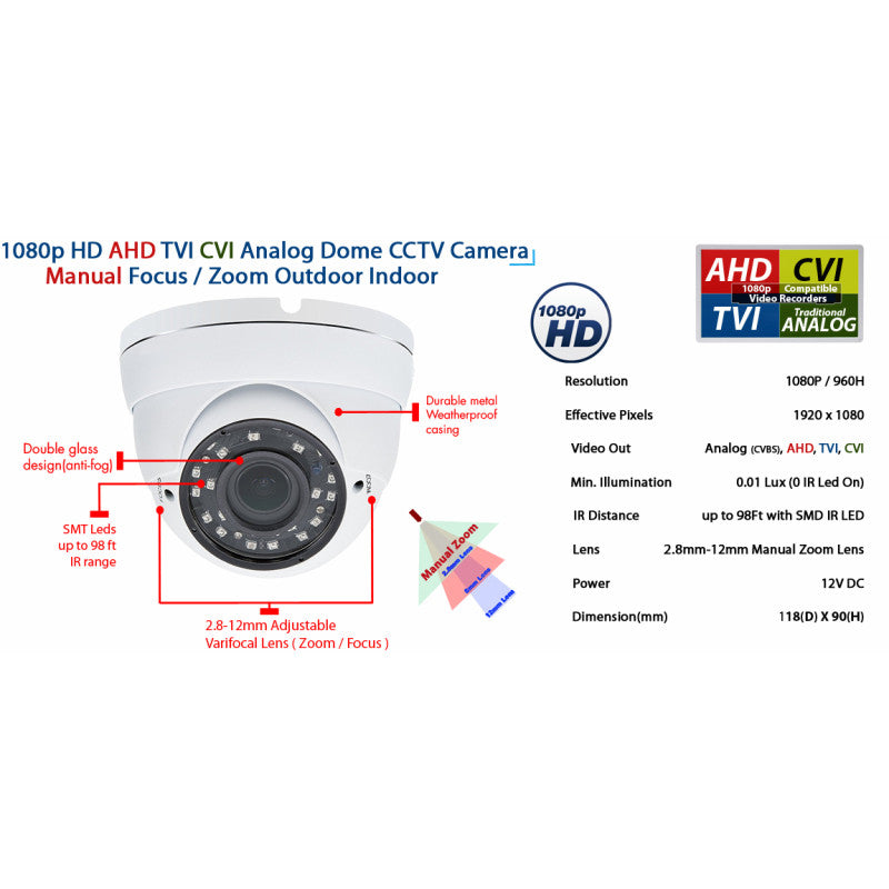 1080p HD Security CCTV Dome Camera 4-in-1 TVI AHD CVI Analog (960H / CVBS) Day Night Vision Outdoor Indoor Weatherproof Metal Housing Wide Angle 2.8-12mm Manual Zoom Lens CCTV Security Surveillance Camera