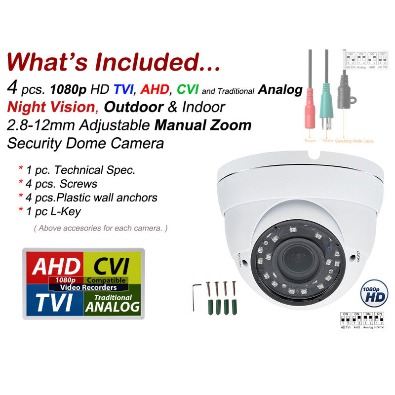 4 pcs. 1080p HD Security CCTV Camera 4-in-1 TVI/AHD/CVI/Analog (960H/CVBS) Day Night Vision Outdoor Indoor Weatherproof Wide Angle Manual Zoom CCTV Security Surveillance Camera