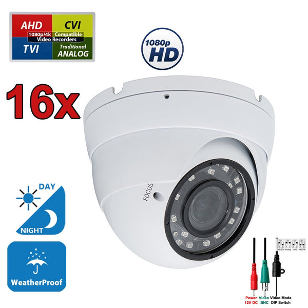 16 pcs. 1080p HD Security CCTV Camera 4-in-1 TVI/AHD/CVI/Analog (960H/CVBS) Day Night Vision Outdoor Indoor Weatherproof Wide Angle Manual Zoom CCTV Security Surveillance Camera
