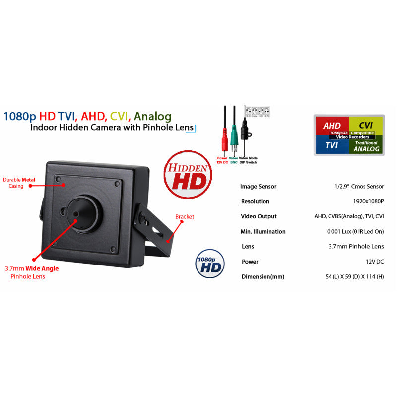 1080p HD 4in1 AHD TVI CVI, ANALOG Indoor Hidden Camera with Pinhole Lens