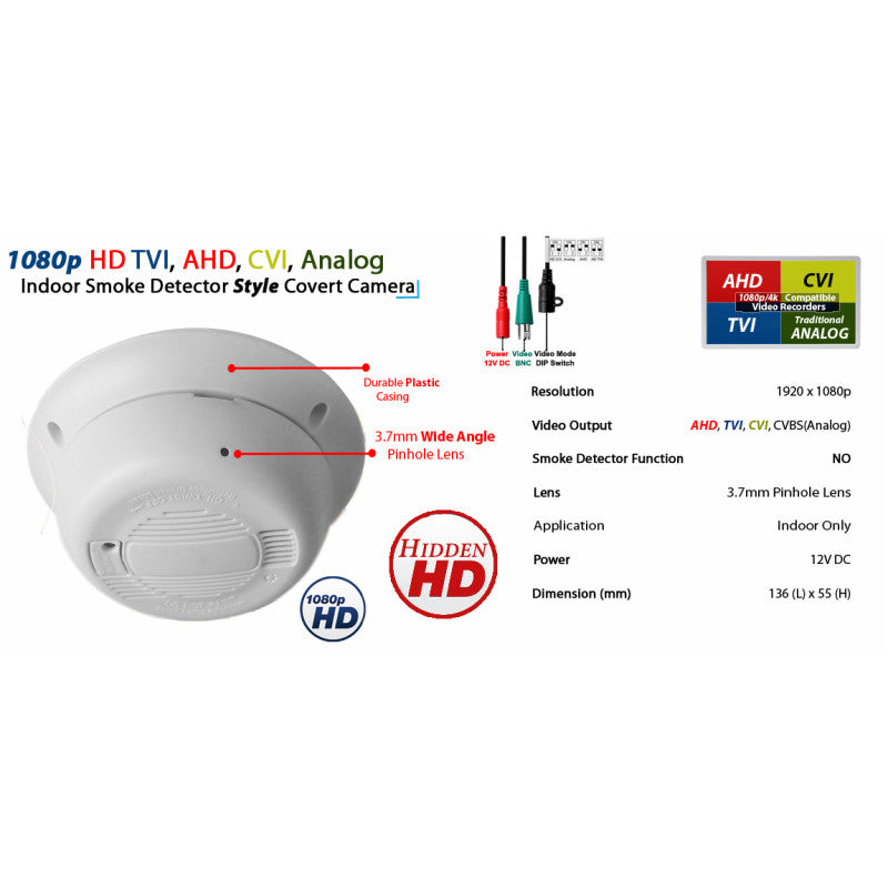Smoke Detector Style Hidden Covert Nanny CCTV Security Camera with Microphone, 50ft cable and 2000mA Power Supply Adapter Video Audio Surveillance Set