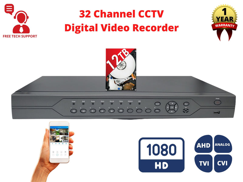 32 Channel 12TB H.265 HD 4in1 AHD TVI CVI Analog Security Surveillance DVR with 12TB Hard Drive Installed Easy Remote Access