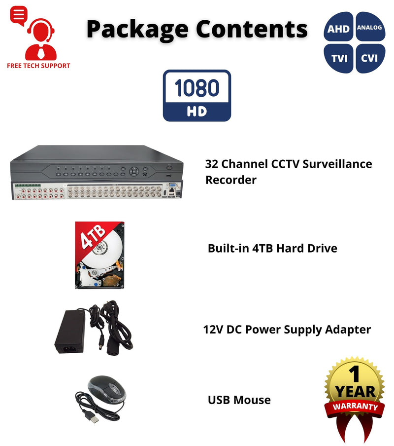 32 Channel 4TB H.265 AHD TVI CVI Analog Home Office Professional DVR Recorder HDMI QR Cloud Support with 4TB HDD Installed
