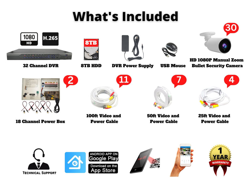 32 Channel HD Video Recorder built-in 8TB Hard Drive, (30) Indoor/Outdoor Weatherproof Bullet Camera, with114ft IR Night Vsiion, 2.8-12mm Adjustable Lens