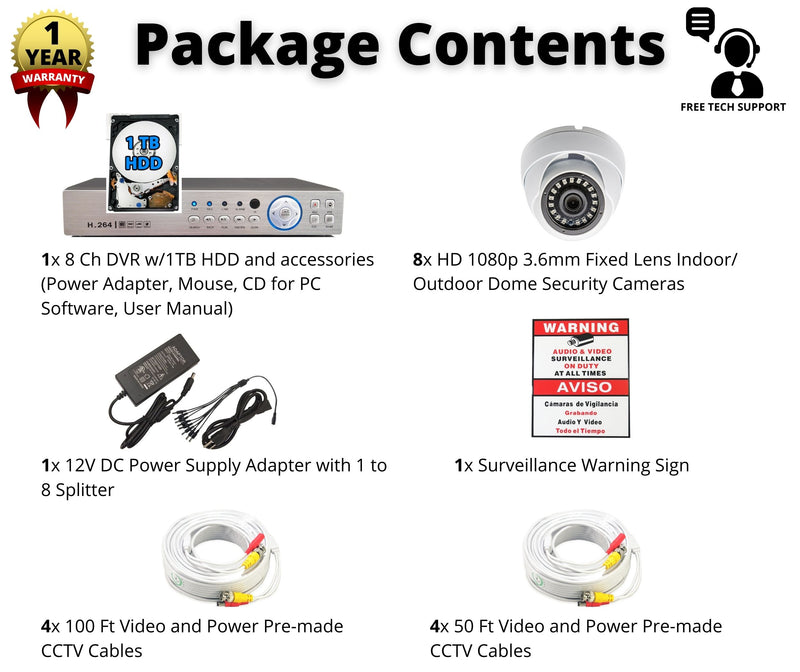 8 Channel security surveillance system with 1080p dome cameras, HD DVR Recorder w/ 1TB Hard Drive