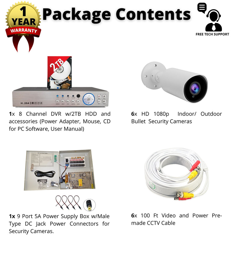 8 Channel HD DVR w/ 6 pcs 4in1 AHD TVI CVI ANALOG 1080P Manual Zoom Lens Bullet CCTV Security Camera System w/ 2TB Hard Drive, Cables and Power Supply