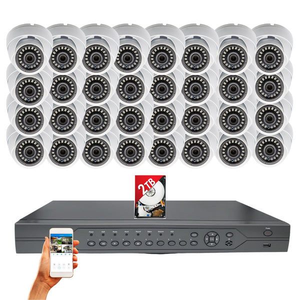 32 Channel complete CCTV Surveillance system with H.265 Digital Video Recorder 2TB HDD and 32 x Outdoor Indoor HD 1080p 3.6mm Fixed Lens Security Cameras