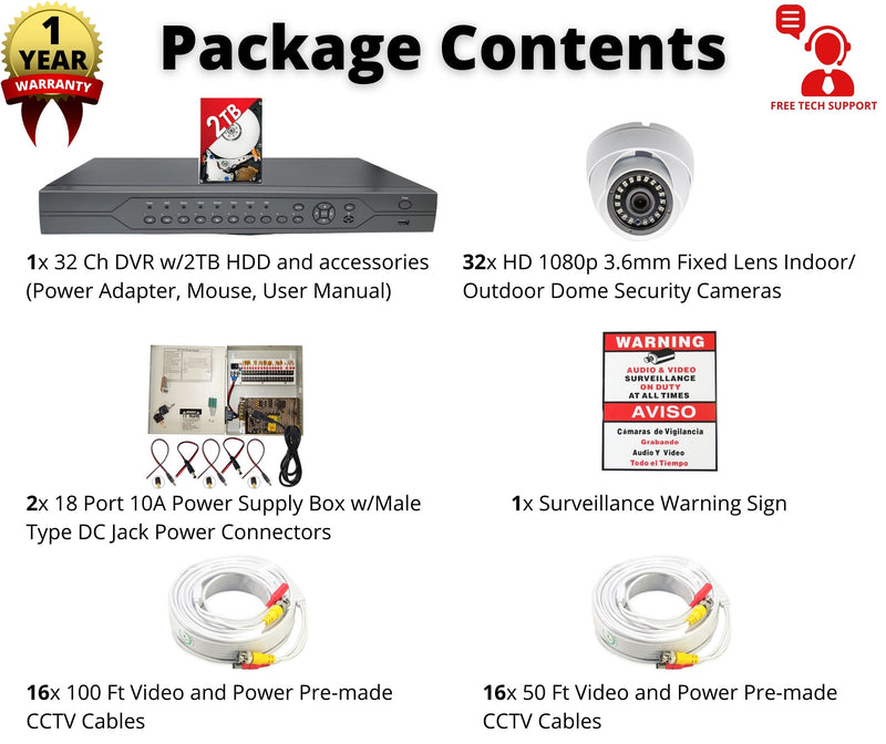32 Channel complete CCTV Surveillance system with H.265 Digital Video Recorder 2TB HDD and 32 x Outdoor Indoor HD 1080p 3.6mm Fixed Lens Security Cameras