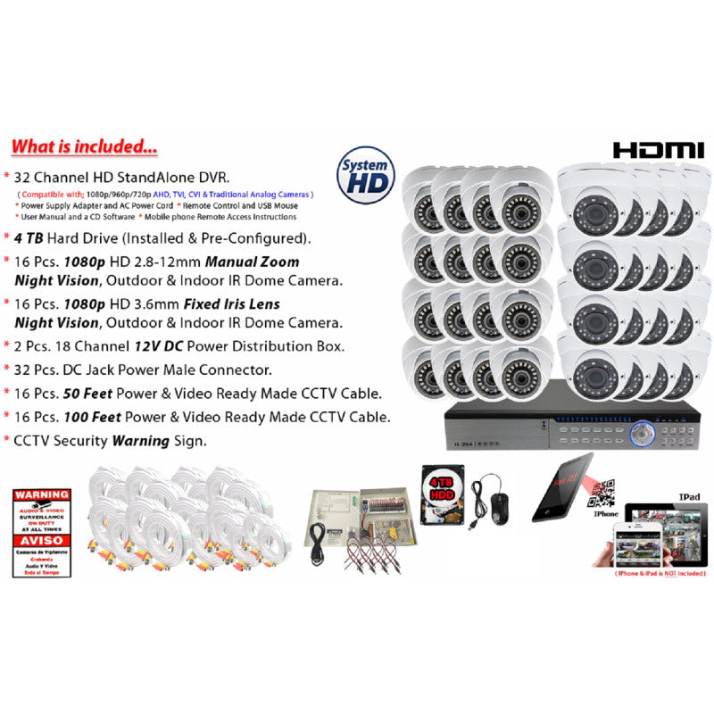 32 Channel Security Surveillance System 4TB Hard Drive and 1080p high Resolution Indoor / Outdoor Dome Cameras Easy Remote Access Playback USB Backup