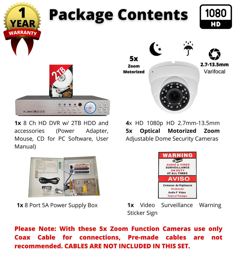 Evertech 8 Channel Surveillance Video Recorder with 4PCS 1080p 5X Auto Focus Zoom CCTV Security Camera System w/ 2TB Hard Drive Memory Storage