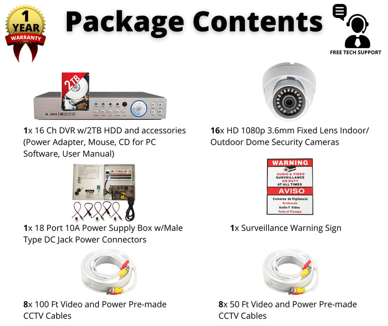 16 Channel Surveillance System w/ 2TB Hard Drive and 1080p Indoor/Outdoor fixed lens Dome Security Cameras
