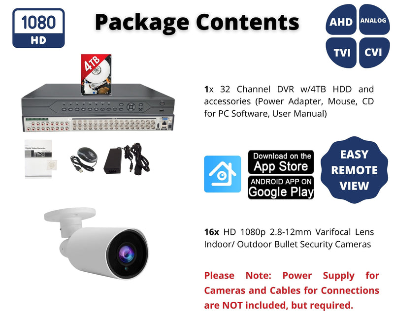 16 Camera HD 1080P Security System with 32 Channel HD Video Recorder built-in 4TB Hard Drive, (16) Indoor/Outdoor Weatherproof Bullet Camera, with114ft IR Night Vsiion, 2.8-12mm Adjustable Lens