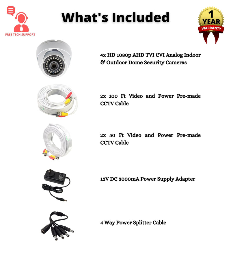 4 Pcs 1080p HD AHD TVI CVI Analog Indoor Outdoor Dome Security Cameras with Wires and Power Supply