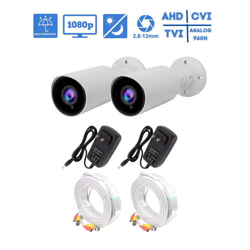 2 Pcs HD 1080P Weatherproof Indoor Outdoor Bullet Security Cameras with Power Supply Adapter and 100ft Cable Set